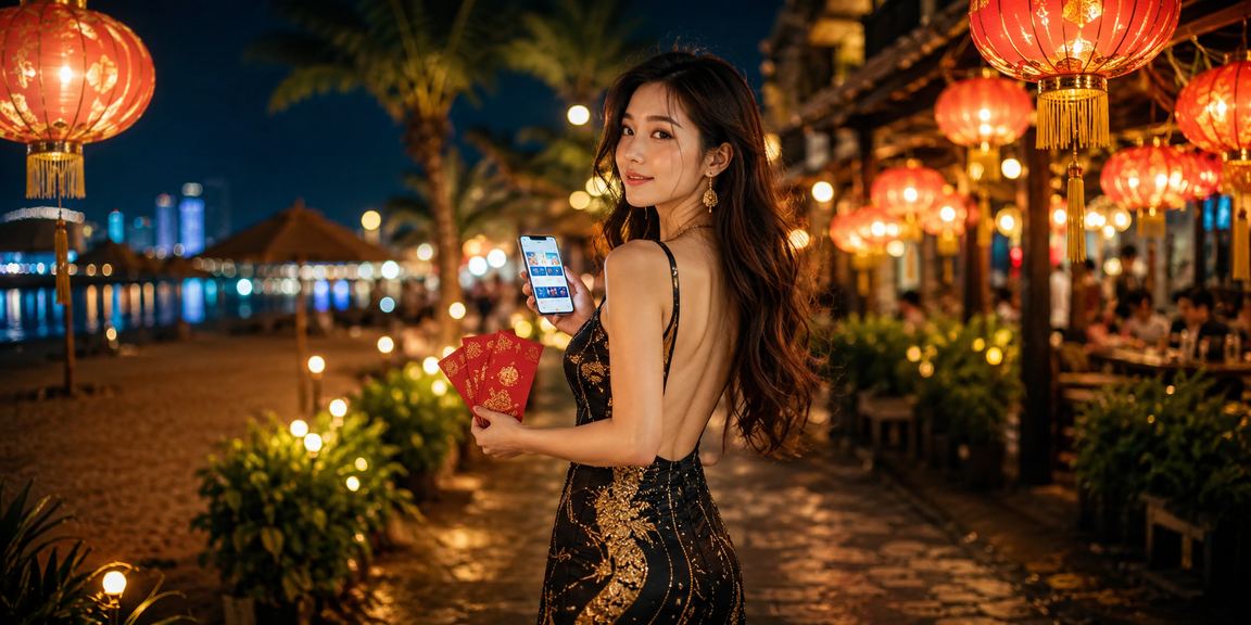 Không khí chợ đêm Đà Nẵng với phong bì đỏ may mắn biểu trưng cho ưu đãi khuyến mãi